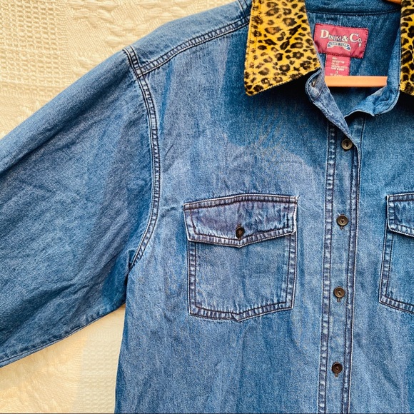 Vintage Denim Coat Leopard Print Fur Neck Lining - Picture 4 of 8